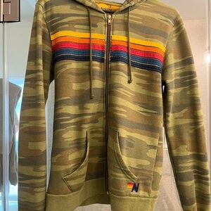 Aviator Nation Men's Camouflage Zip-Up Sweater with Multicolor Stripes